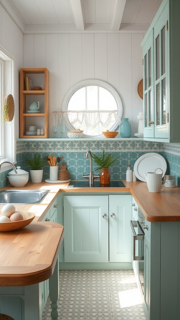 A cozy cottage kitchen featuring light blue cabinets, wooden countertops, and a round window, decorated with plants and dishware.