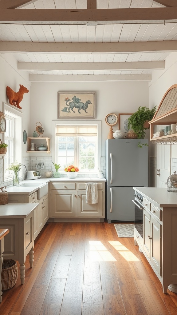 A cottage-style kitchen featuring vintage charm with soft color tones, natural light, and rustic decor.