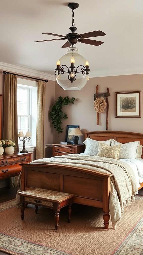 A cozy bedroom featuring wooden furniture, warm colors, and elegant lighting.
