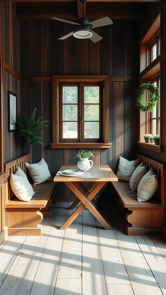 A cozy breakfast nook with wooden benches, a table, and natural lighting