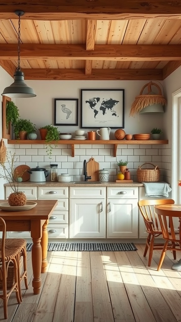 A cozy kitchen with wooden beams, open shelving, and a rustic dining table.
