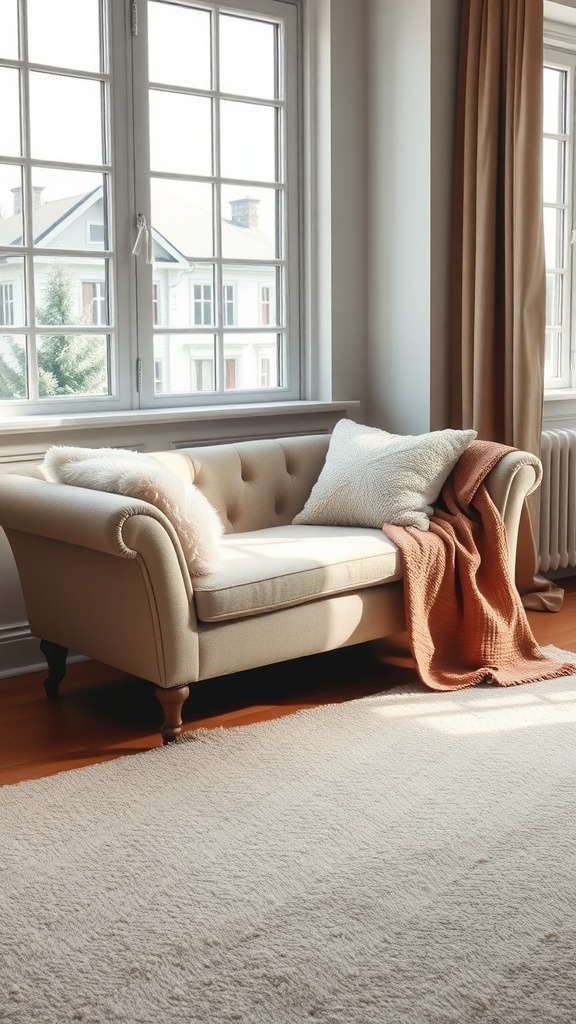 Cozy chaise lounge with pillows and a blanket by a window