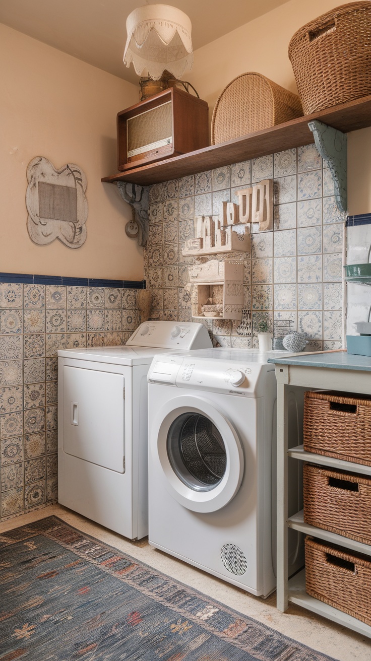 A cozy cottage-style utility room featuring a washing machine, dryer, floating shelves with decor, and warm lighting.