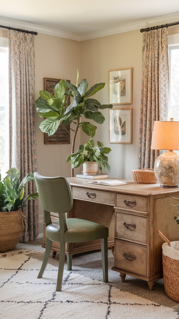 Cozy cottage office nook with wooden desk, plants, and natural light