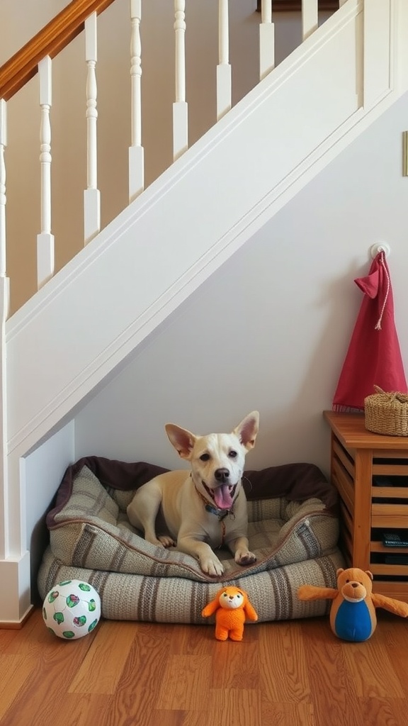 A happy dog resting in a cozy bed under the stairs, surrounded by toys.