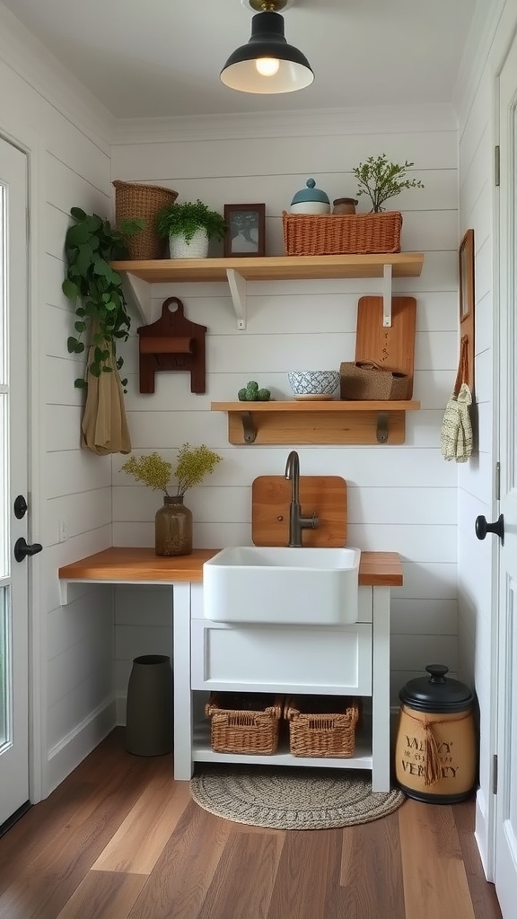Cozy farmhouse mudroom with shiplap walls, wooden shelves, and a farmhouse sink.