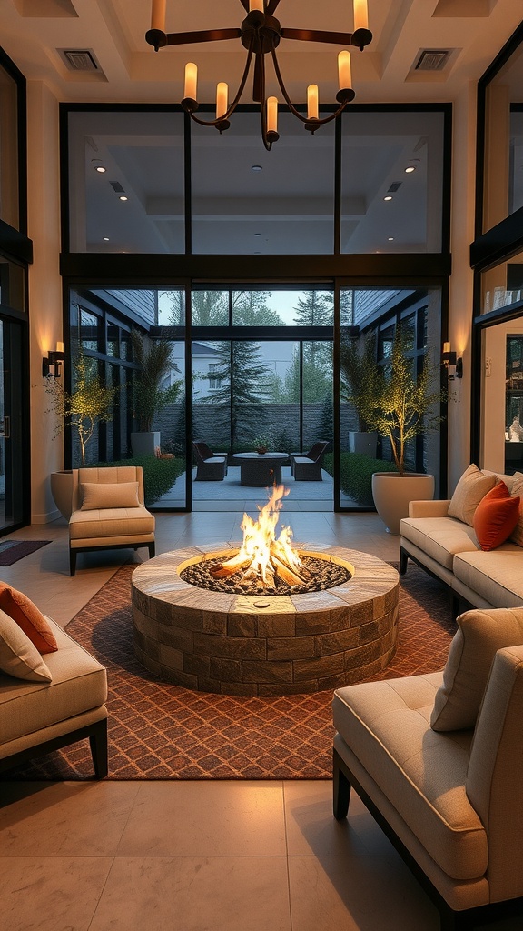 Luxurious living room with a cozy fire pit surrounded by comfortable seating