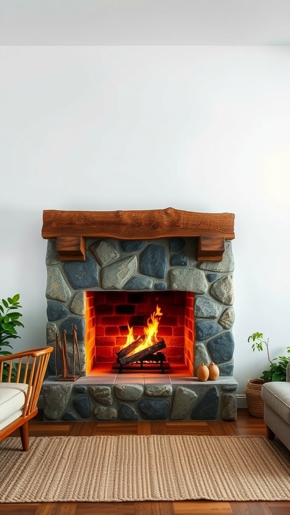 Cozy stone fireplace with wooden accents, glowing flames, and a warm atmosphere