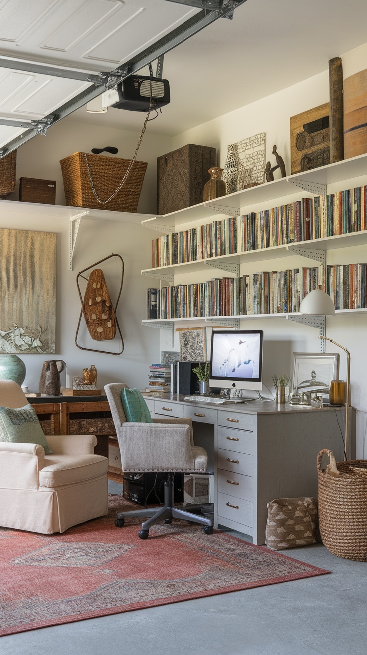 Cozy home office in a converted garage with wooden furniture, bookshelves, and a plant.