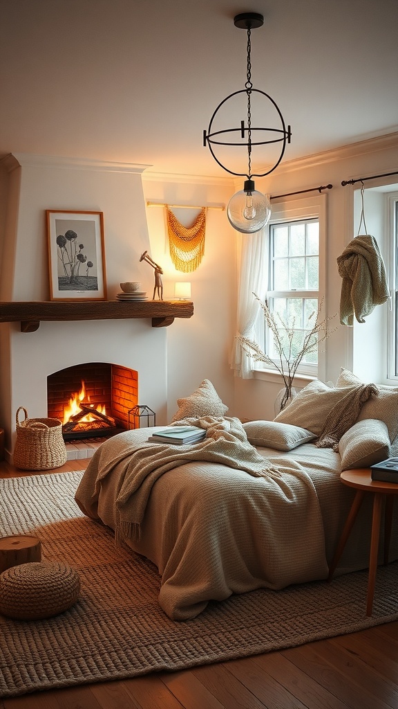 A cozy Scandinavian bedroom featuring a bed with soft blankets, a warm fireplace, and inviting decor.