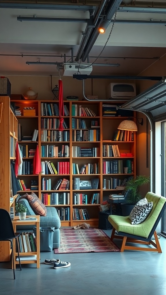 A cozy library nook in a garage with bookshelves, a comfortable chair, and warm lighting.