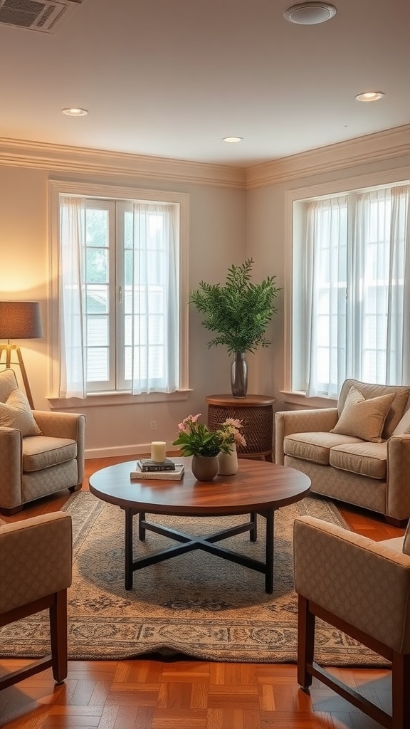 Cozy living room nook with two armchairs, a round coffee table, a plant, and natural light from windows.