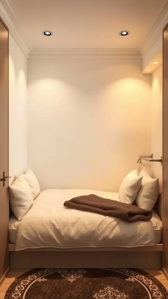 Small bedroom with a built-in bed and soft bedding.