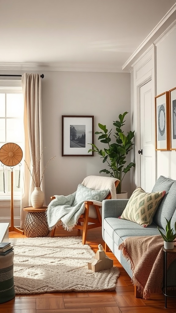 A cozy living room nook with a light blue sofa, decorative armchair, plants, and natural light.