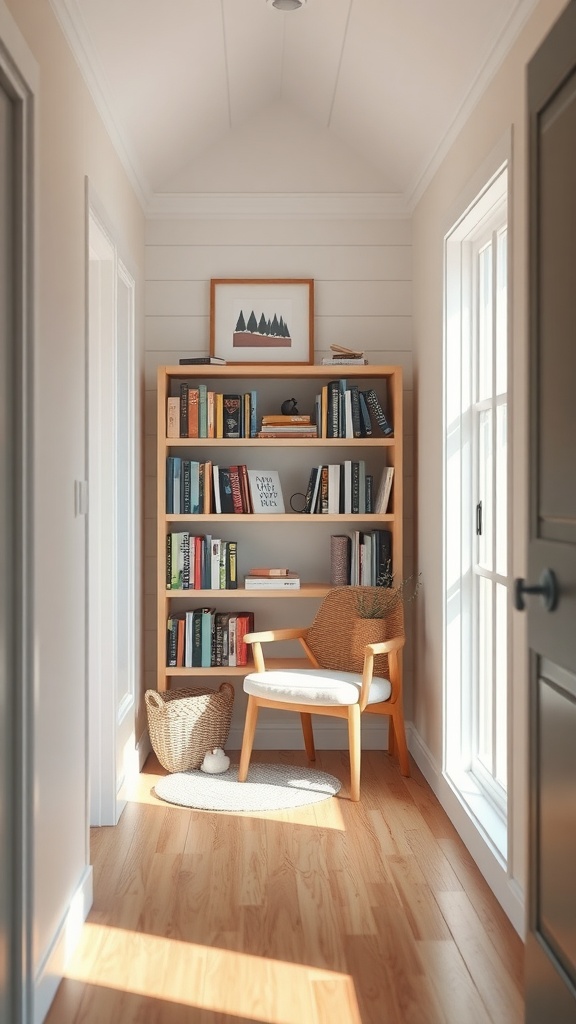 A cozy reading nook featuring a wooden bookshelf, a comfortable chair, and sunlight streaming through a window.