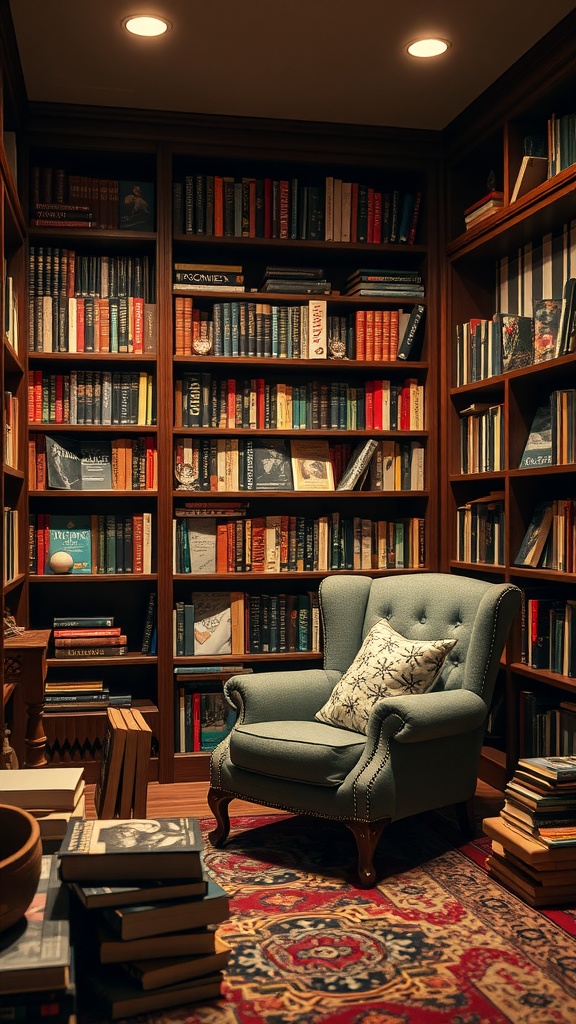 A cozy reading nook with a plush armchair surrounded by bookshelves filled with books.
