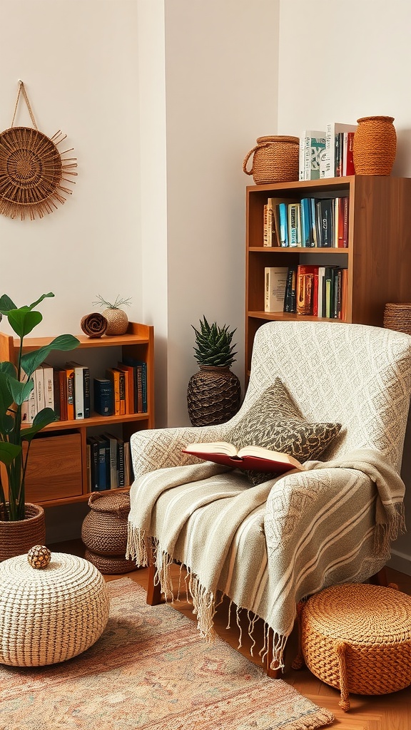 A cozy reading nook with an armchair, blanket, pillows, bookshelves, plants, and woven baskets.