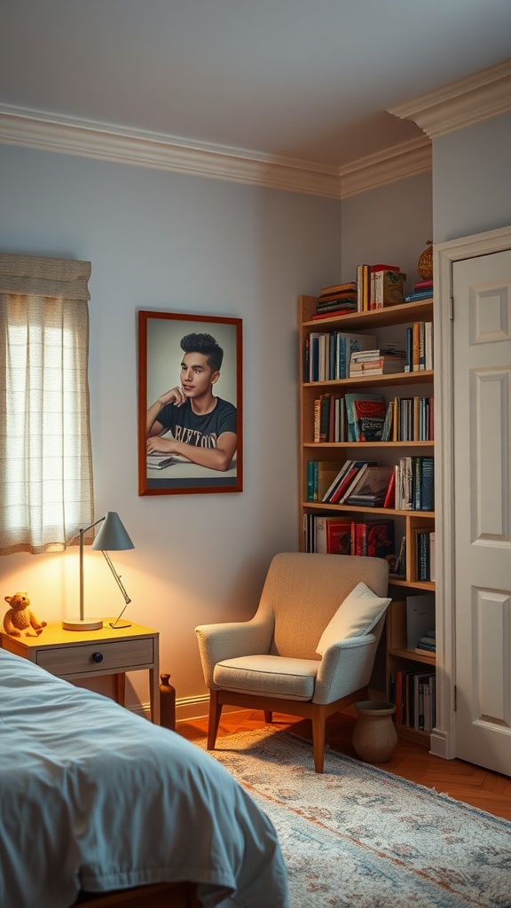 A cozy reading nook with a chair, a lamp, and a bookshelf filled with books.