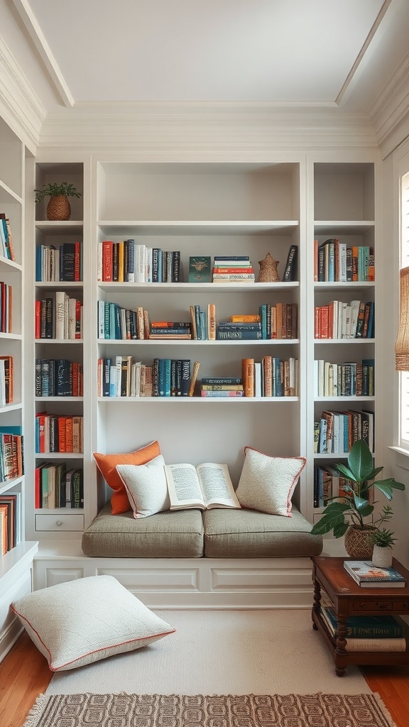 Cozy reading nook with custom shelving, soft cushions, and a small plant.