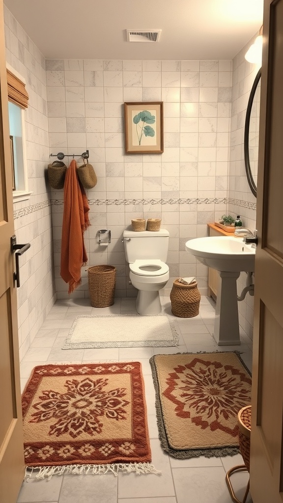 A cozy bathroom featuring patterned rugs, a white sink, and neutral decor.