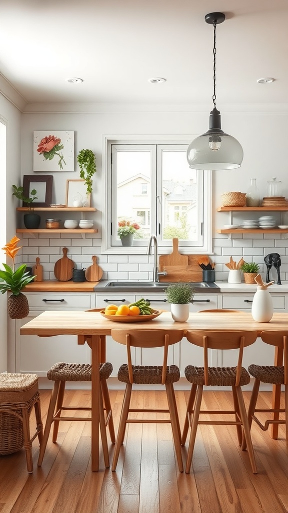 A cozy Scandinavian kitchen with wooden table, chairs, and plants