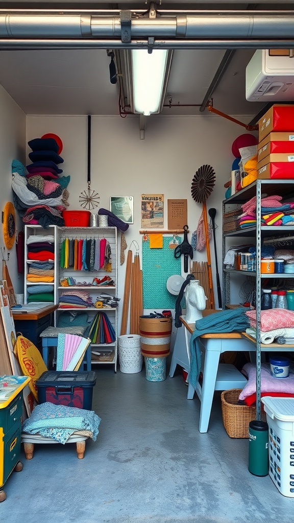 A vibrant crafting and sewing room with colorful fabrics, yarns, and organized tools.