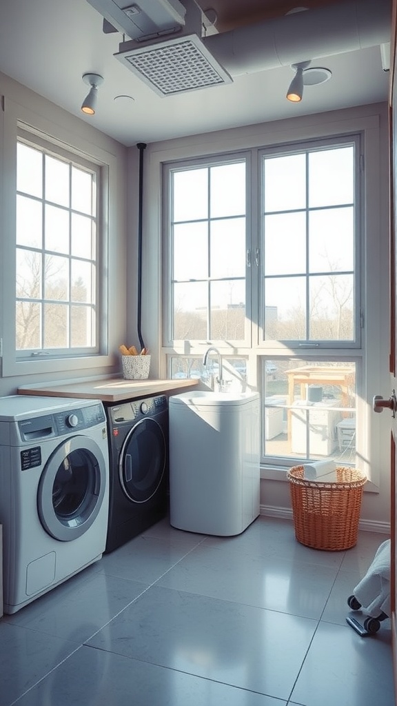 Bright and airy laundry room with large windows, modern appliances, and a woven basket