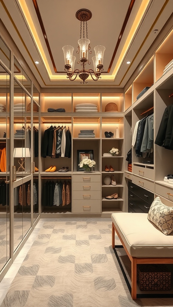 Luxurious closet with organized clothes, elegant seating, and stylish lighting.