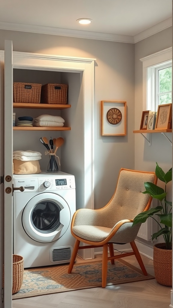 Cozy laundry nook with a washing machine, a chair, plants, and decorative shelves.