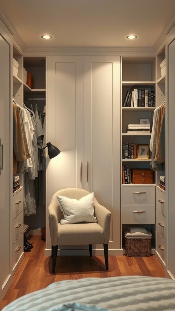 A cozy bedroom closet nook with white cabinets, a chair, and organized shelves.