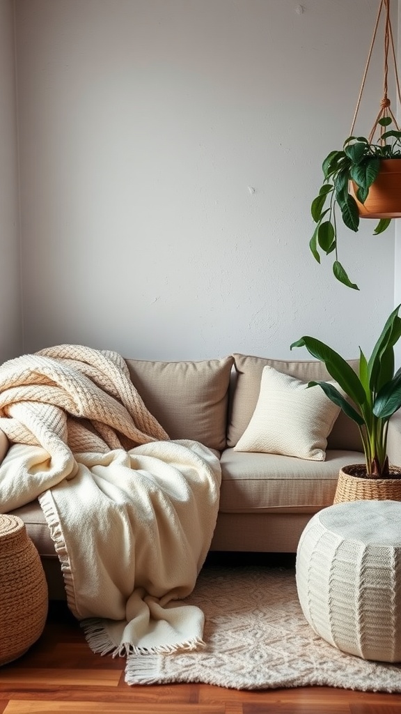 Cozy sectional sofa with blankets and a plant, creating a relaxing nook