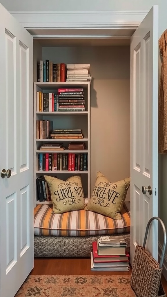 Cozy reading nook inside a closet with bookshelves and cushions