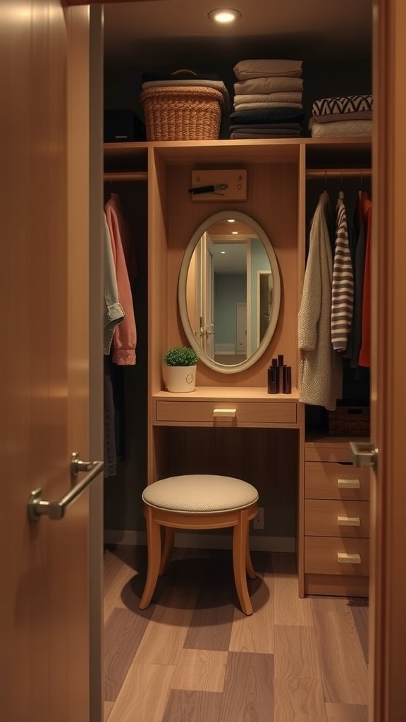 Cozy closet dressing area with a mirror, desk, and organized shelves
