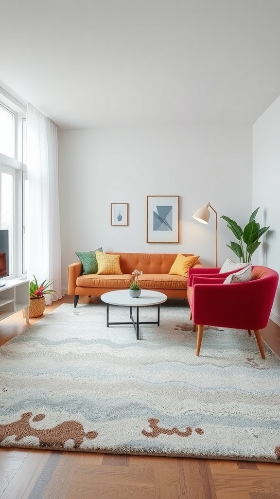 A minimalist living room featuring an orange sofa, a red chair, and a patterned rug.