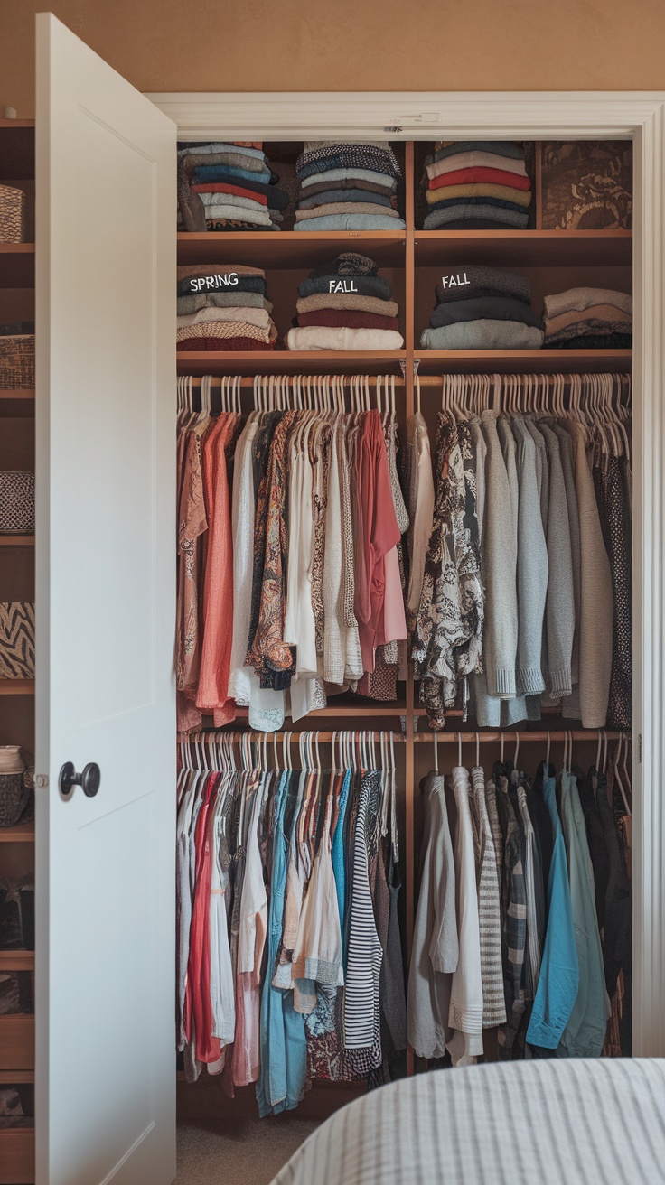 A neatly organized bedroom closet showcasing labeled clothing, bags, and shoes for seasonal wardrobe management.