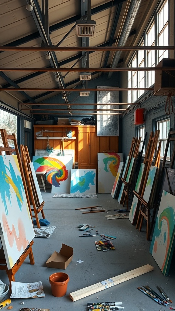 A bright art studio in a garage with easels, colorful paintings, and scattered art supplies.