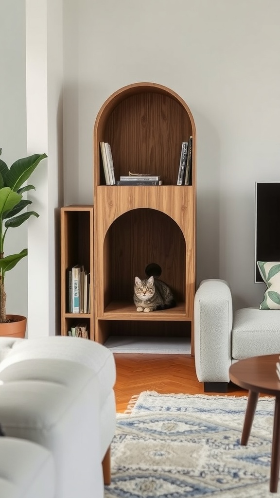 A stylish wooden cat hideaway with shelves in a modern living room