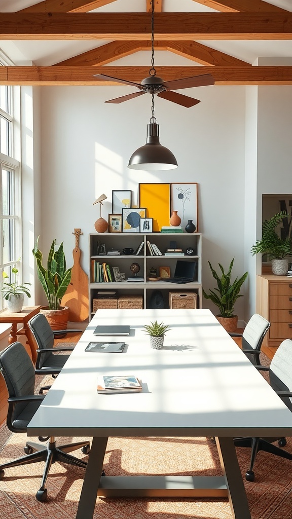 A bright and inviting home office with a large white table, comfortable chairs, plants, and decorative shelves.