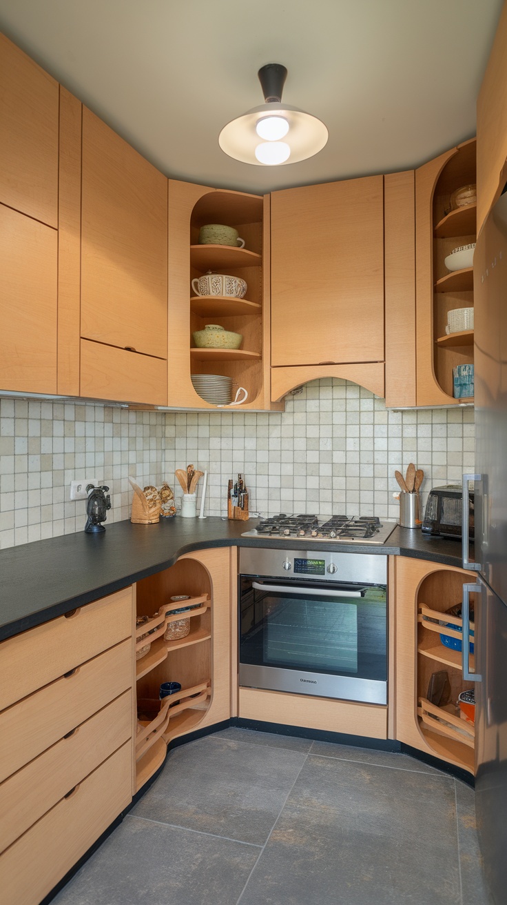 A modern kitchen featuring a stylish corner cabinet with glass doors and white finish.