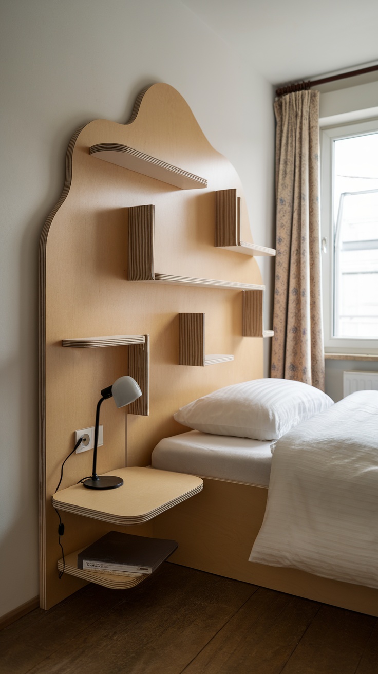 A small bedroom featuring a cozy upholstered headboard, floating shelves, and soft lighting.