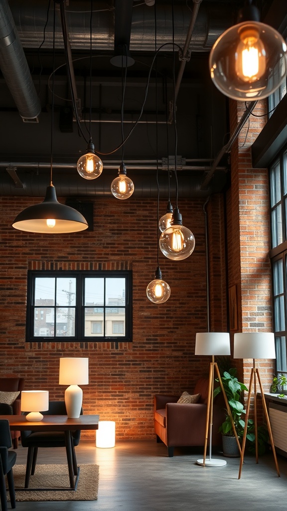A stylish urban loft interior with various creative lighting solutions.
