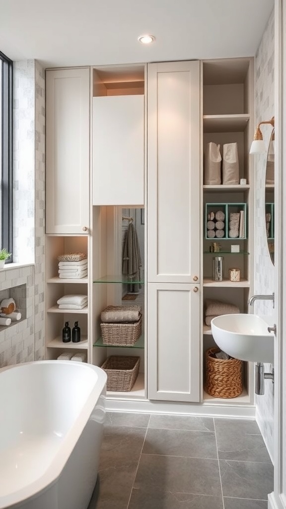 Contemporary bathroom with organized storage solutions featuring sleek cabinetry and open shelves.