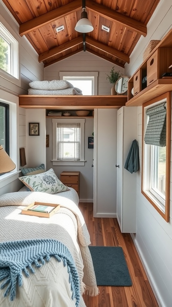 Interior of a tiny house featuring creative storage solutions.