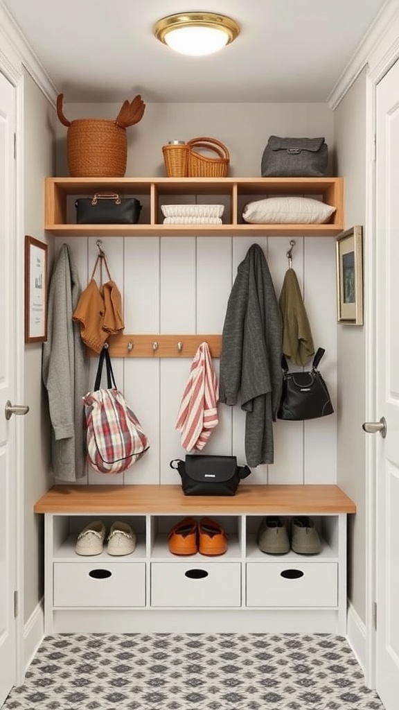 Stylish mudroom with wooden bench, shelves, hooks for coats, and organized storage
