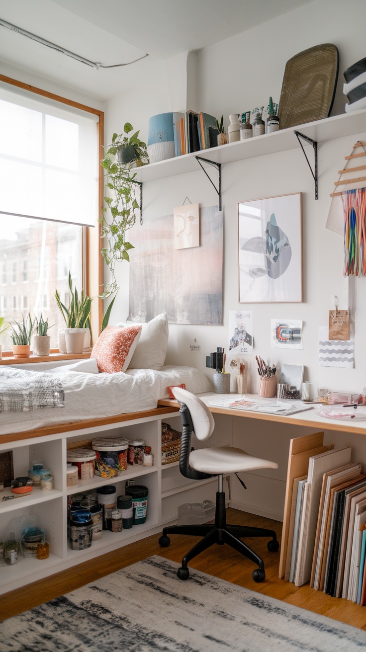 A cozy bedroom studio space with a desk, plants, and wall art.