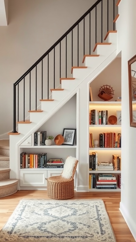 Under-stairs built-in shelves with books and decor, featuring a cozy chair.