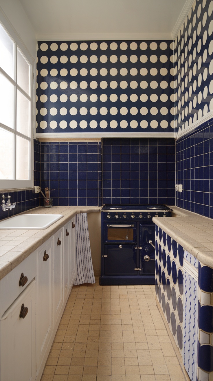 A colorful compact kitchen featuring teal cabinets, orange shelving, and patterned tiles, showcasing a vibrant atmosphere.