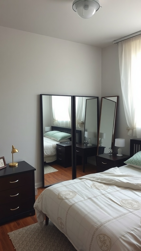 A small bedroom featuring three tall mirrors that enhance the room's depth and light.