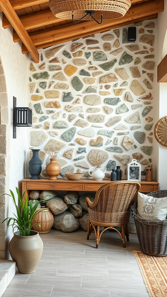 Interior of a French country home featuring a stone wall, wooden furniture, and decorative plants.