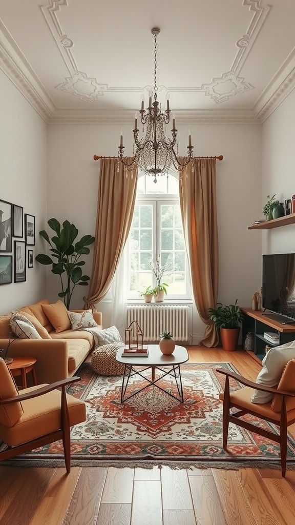 A cozy boho living room with orange furniture, a patterned rug, and large window with drapes.